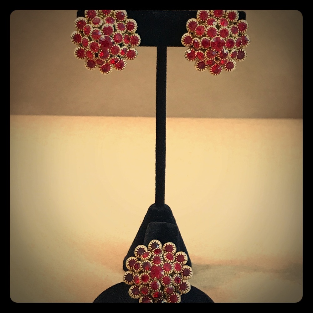 SIGNED Judy Lee Ruby Rhinestone Ring & Earrings
